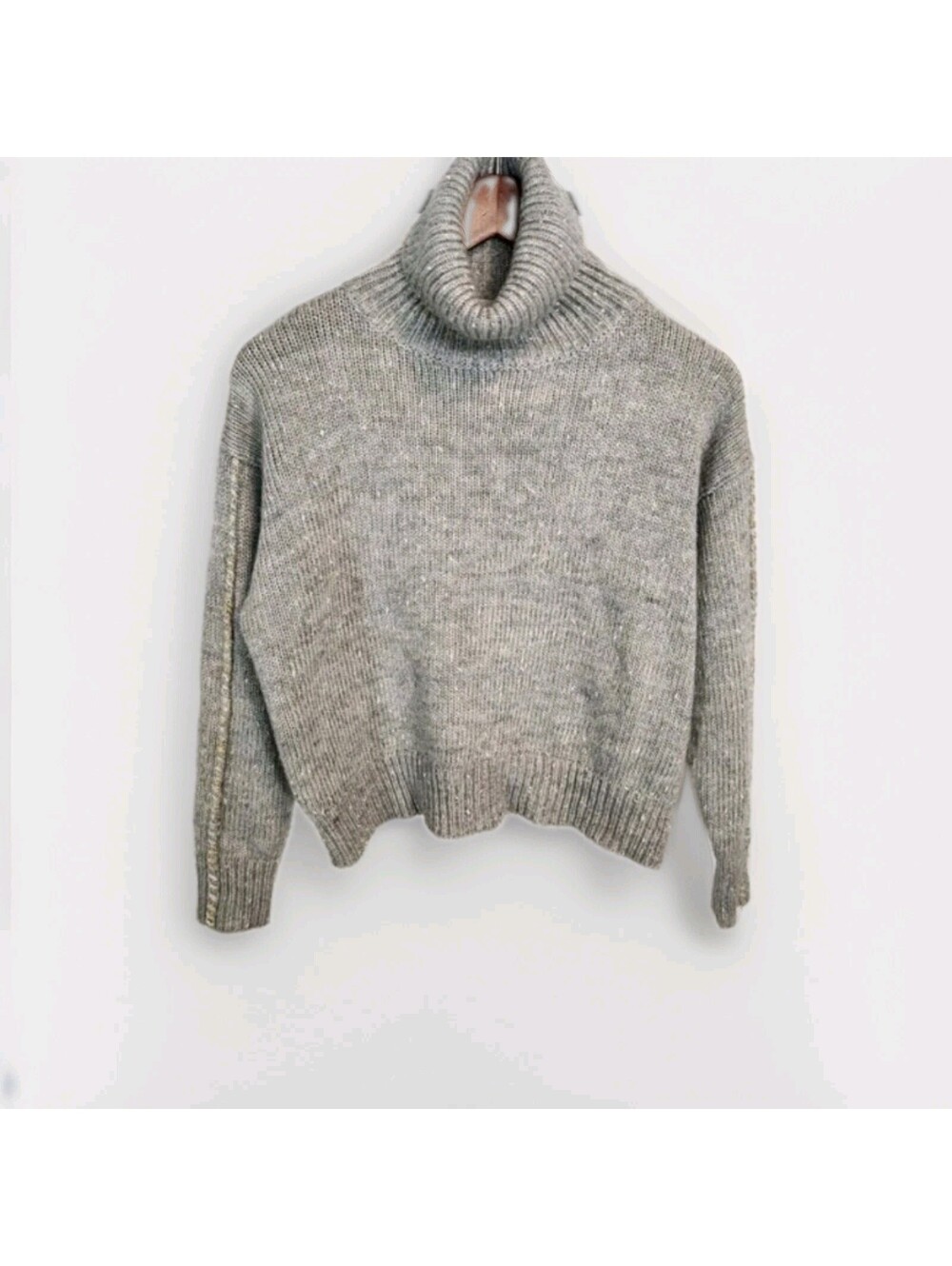 Harper Heritage Small Gray Gold Accents Short Maxx Lurex Braided Sleeve Sweater